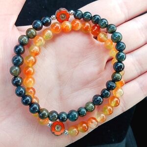 Eagle's Eye Jade 6mm gemstone crystal bead stretch bracelets set glass flowers